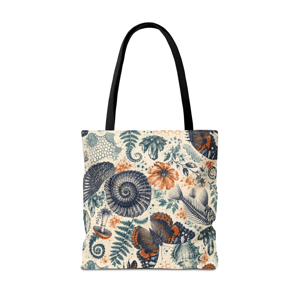 Natural World Archive black-handle tote with butterflies, fossils, shells, flowers, and crystals, product view 10 of 12