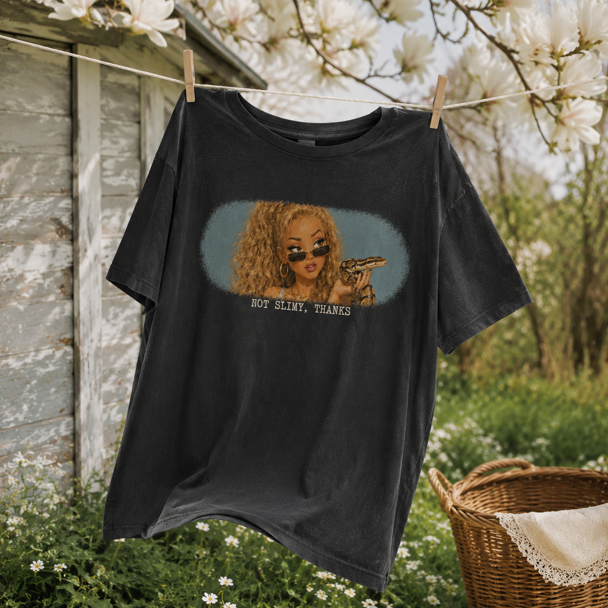 A black graphic t-shirt hanging on a clothesline outdoors, with a rustic wooden shed, blooming white flowers, and a wicker basket in the background. The graphic features a stylized portrait of a woman with curly hair and sunglasses with the text 'NOT SLIMY, THANKS'.