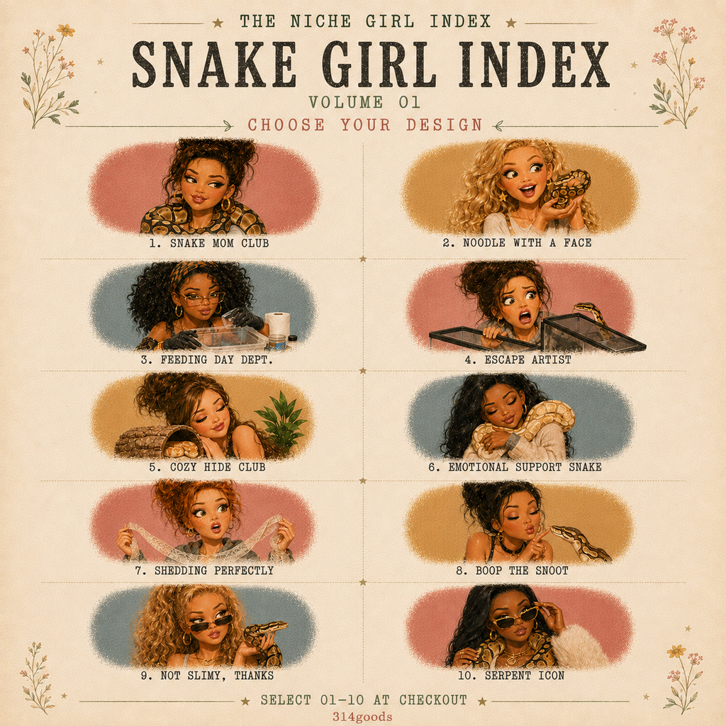 A vintage-style illustrated card titled 'The Niche Girl Index Snake Girl Index Volume 01 Choose Your Design,' showing ten illustrated portrait panels with text labels such as 'Snake Mom Club,' 'Noodle With a Face,' 'Feeding Day Dept.,' and 'Escape Artist.