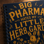 Close-up of Big Pharma herb garden notebook cover print and spiral binding