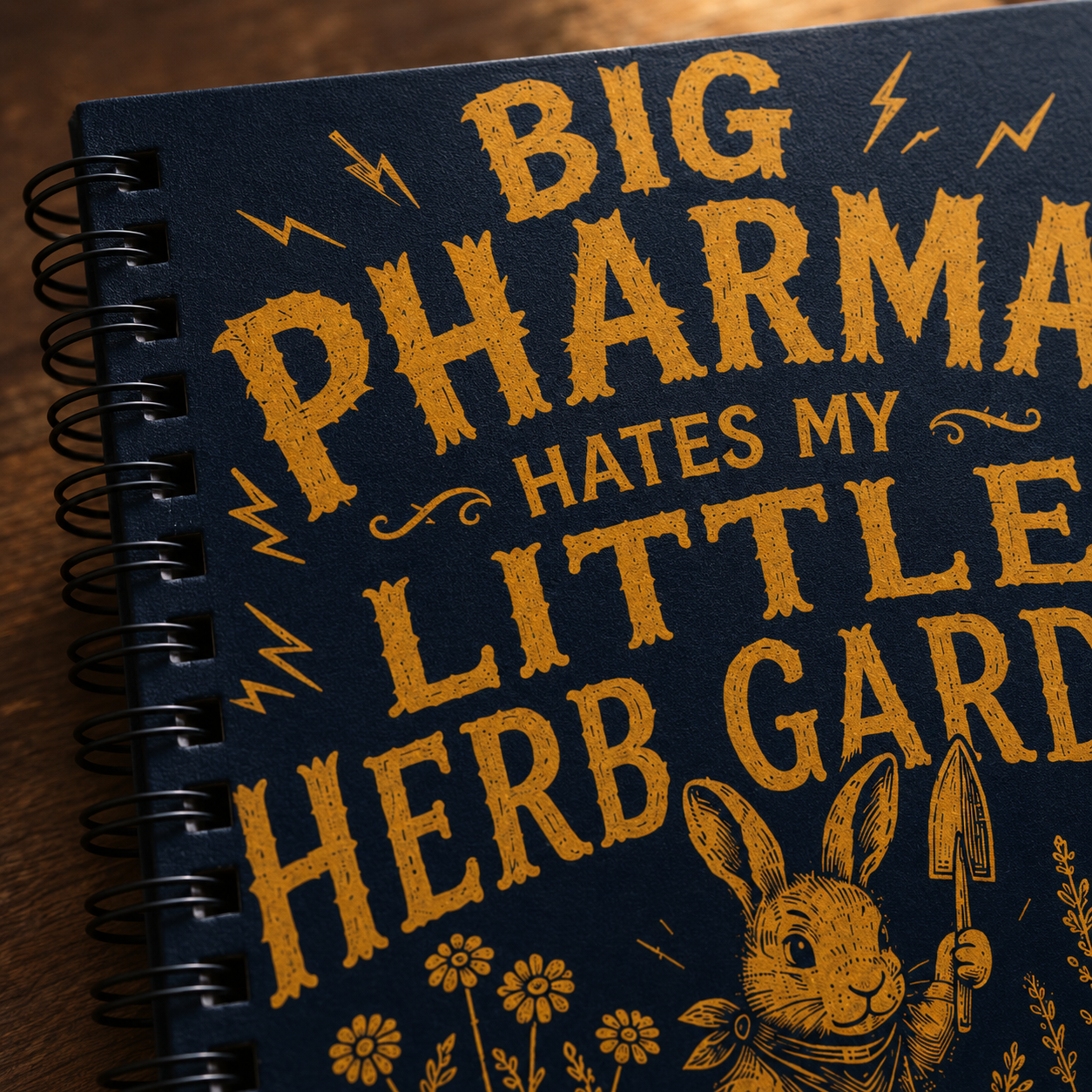 Close-up of Big Pharma herb garden notebook cover print and spiral binding