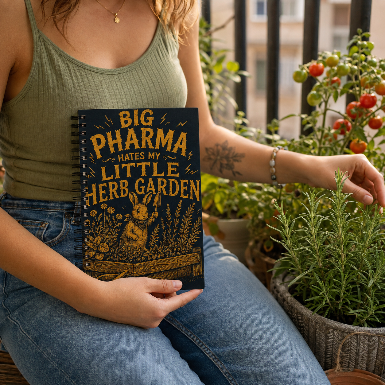 Woman holding the Big Pharma herb garden notebook beside balcony herbs
