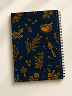 Back cover of Big Pharma herb garden notebook with navy botanical pattern