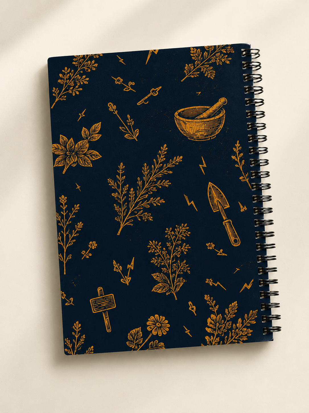 Back cover of Big Pharma herb garden notebook with navy botanical pattern