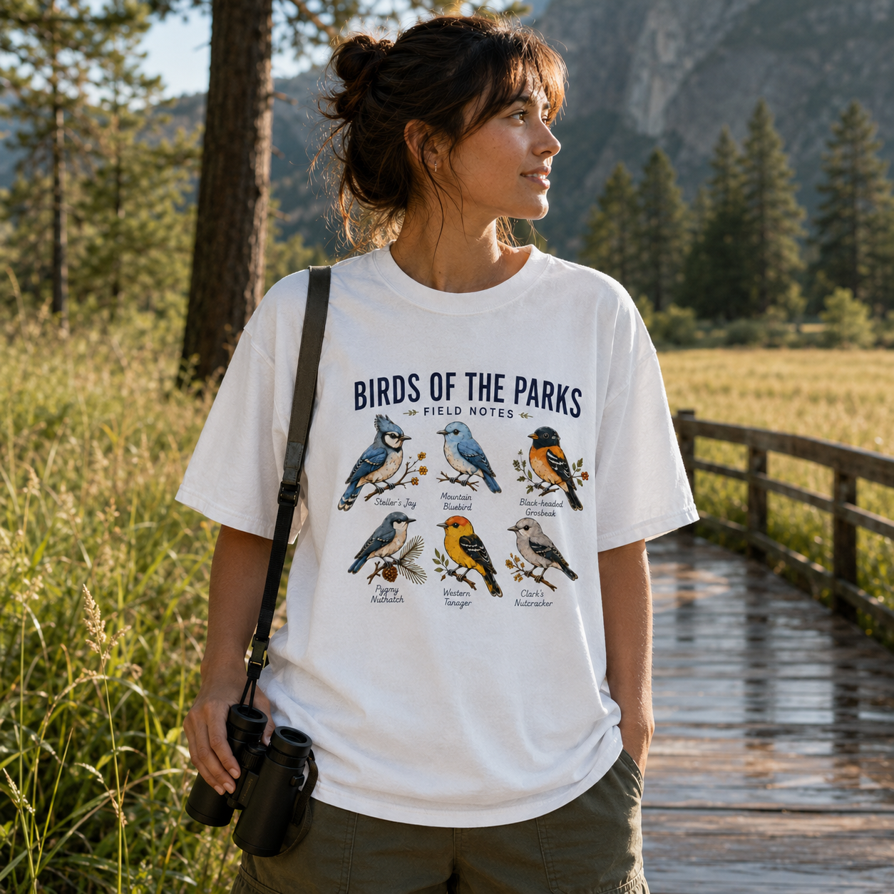 Woman birdwatcher wearing the white Birds of the Parks Field Notes Comfort Colors tee on a national park meadow boardwalk