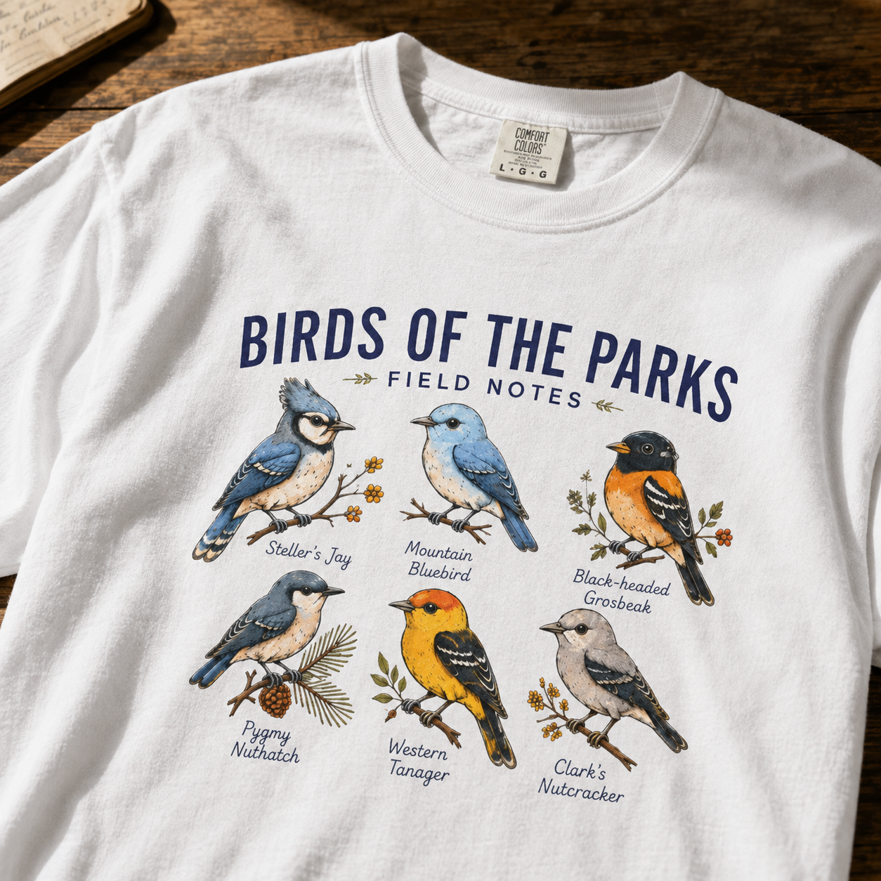 Close-up of Birds of the Parks Field Notes DTG bird illustrations, labels, cotton texture, collar and stitching on a white tee