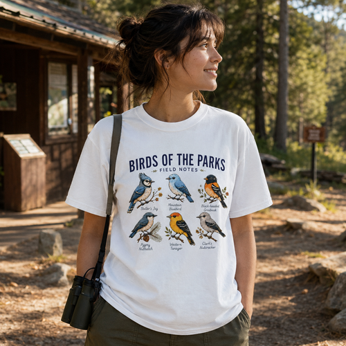 Young birder wearing the white Birds of the Parks Field Notes tee at a wooded national park trailhead in morning light