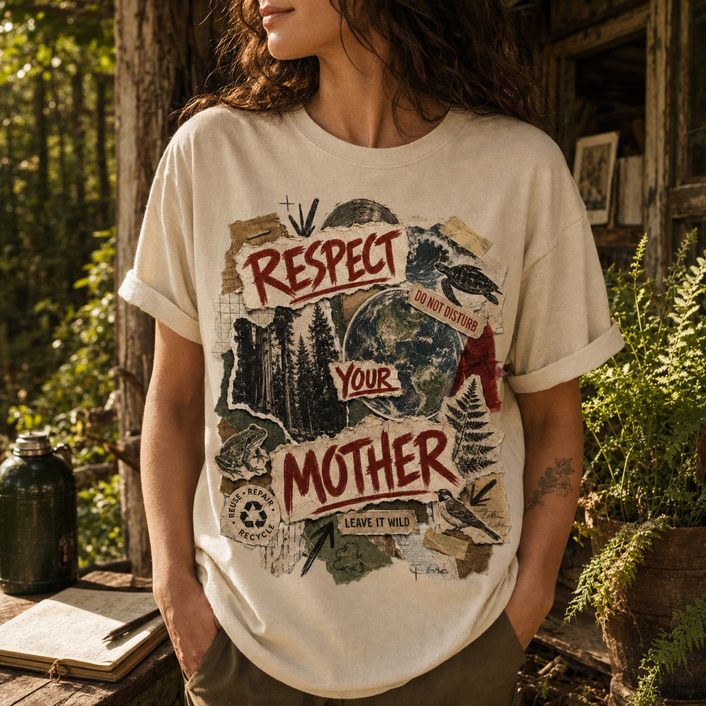 Respect Your Mother Natural tee campaign hero in a conservation field-station setting