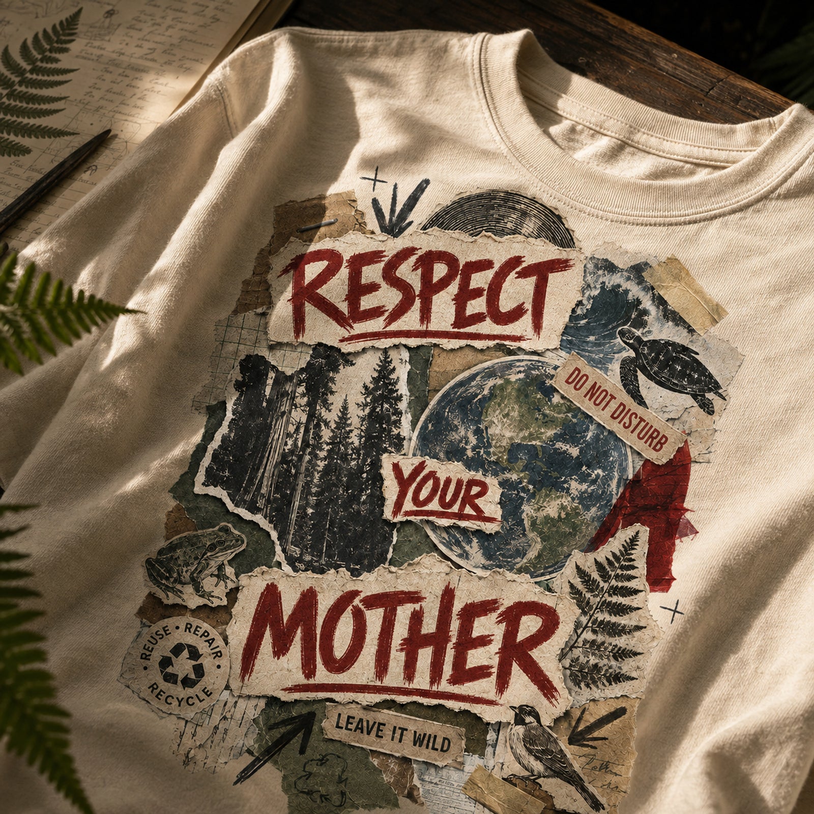 Close view of Respect Your Mother DTG ink integrated with Natural cotton fibers