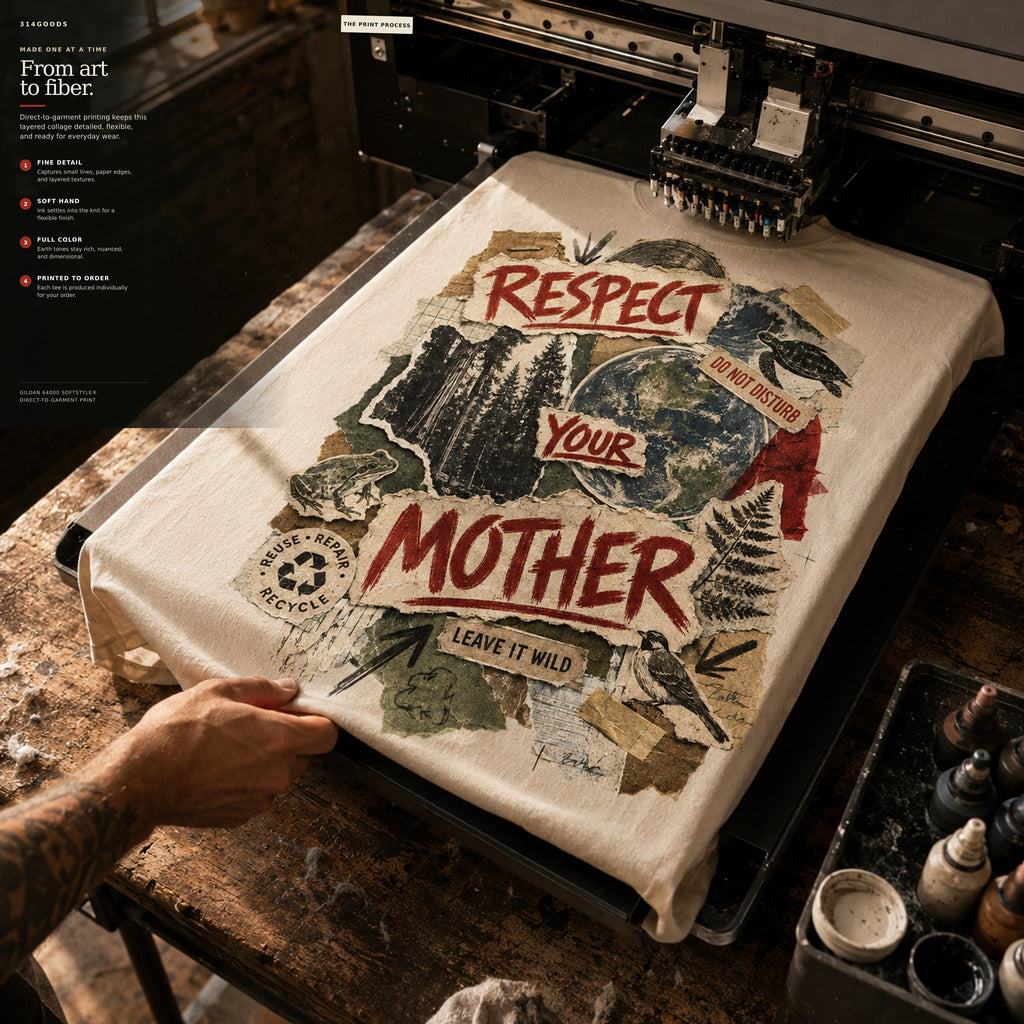 Respect Your Mother tee during the direct-to-garment printing process