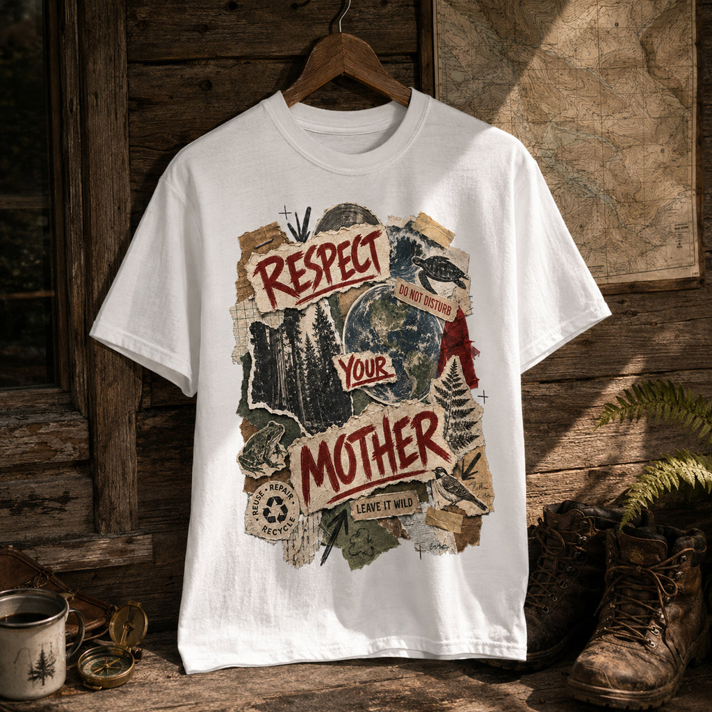 White Respect Your Mother tee displayed at a ranger cabin