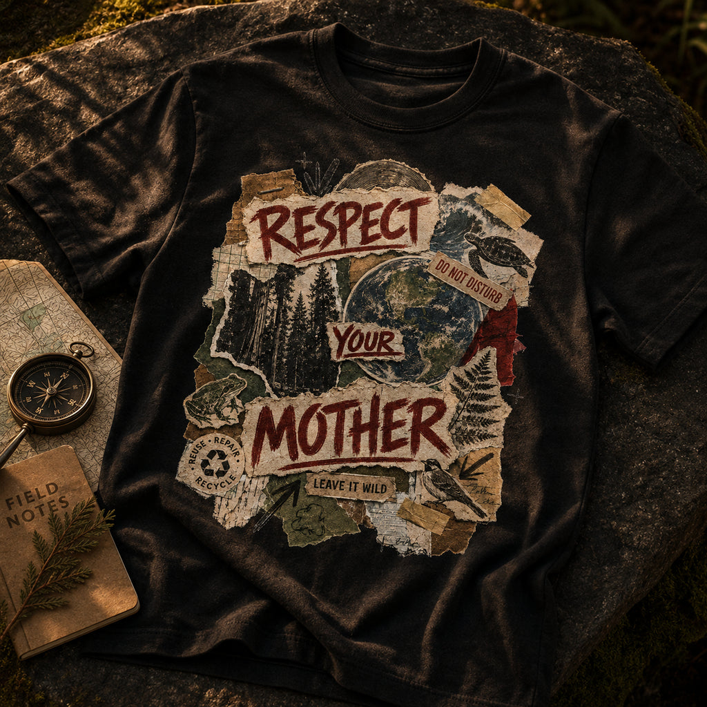 Black Respect Your Mother graphic tee styled with field notes