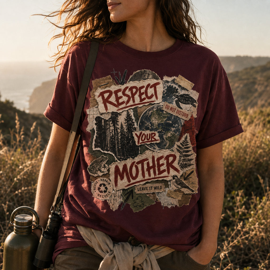 Maroon Respect Your Mother tee worn on a coastal trail