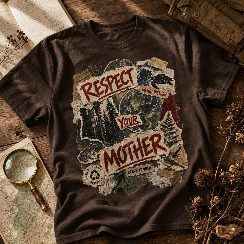 Dark Chocolate Respect Your Mother tee at a naturalist field desk