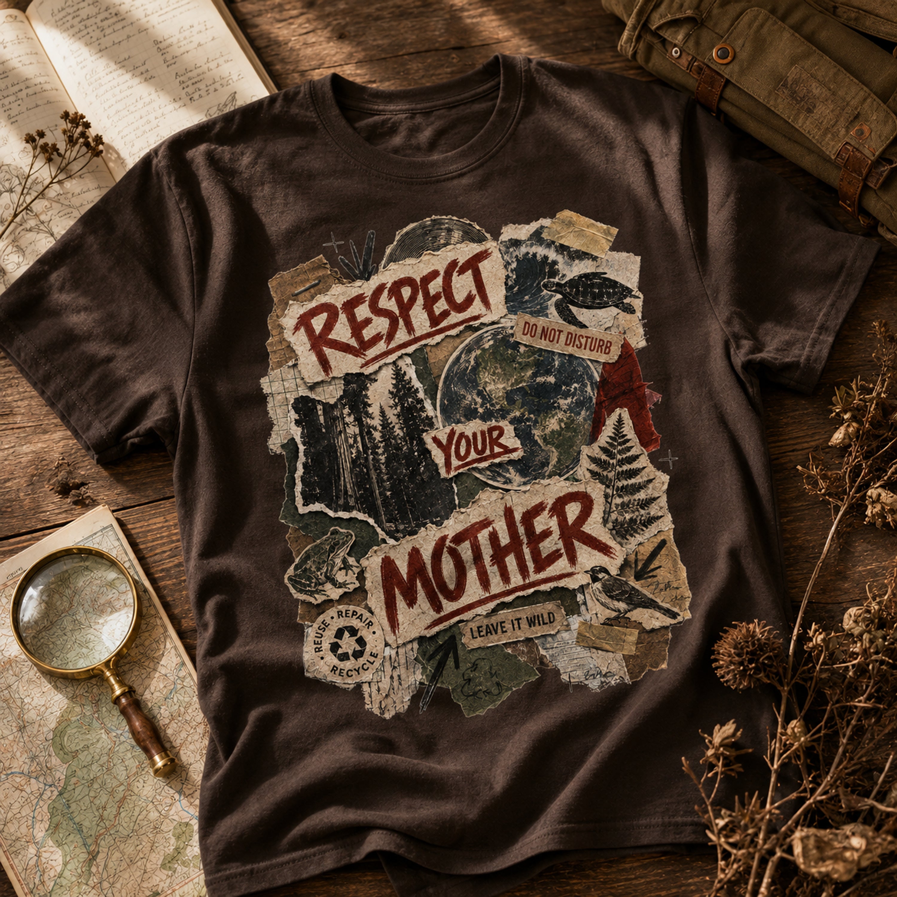 Dark Chocolate Respect Your Mother tee at a naturalist field desk