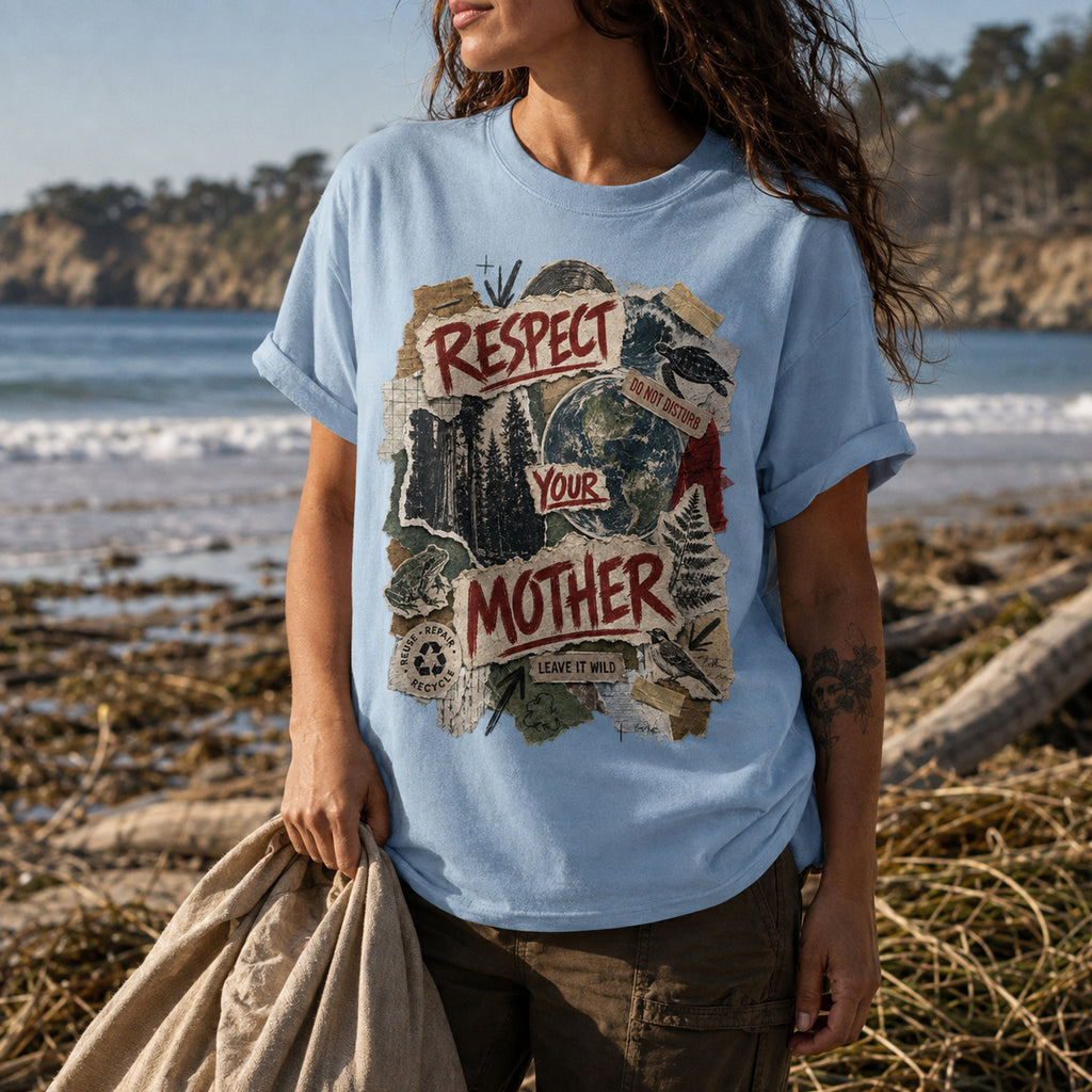 Light Blue Respect Your Mother tee worn during a shoreline cleanup