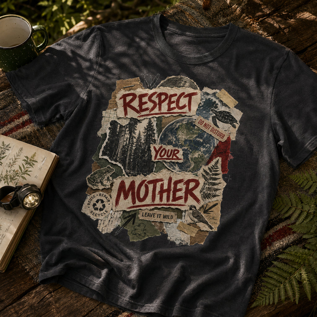 Charcoal Respect Your Mother tee styled at a campsite