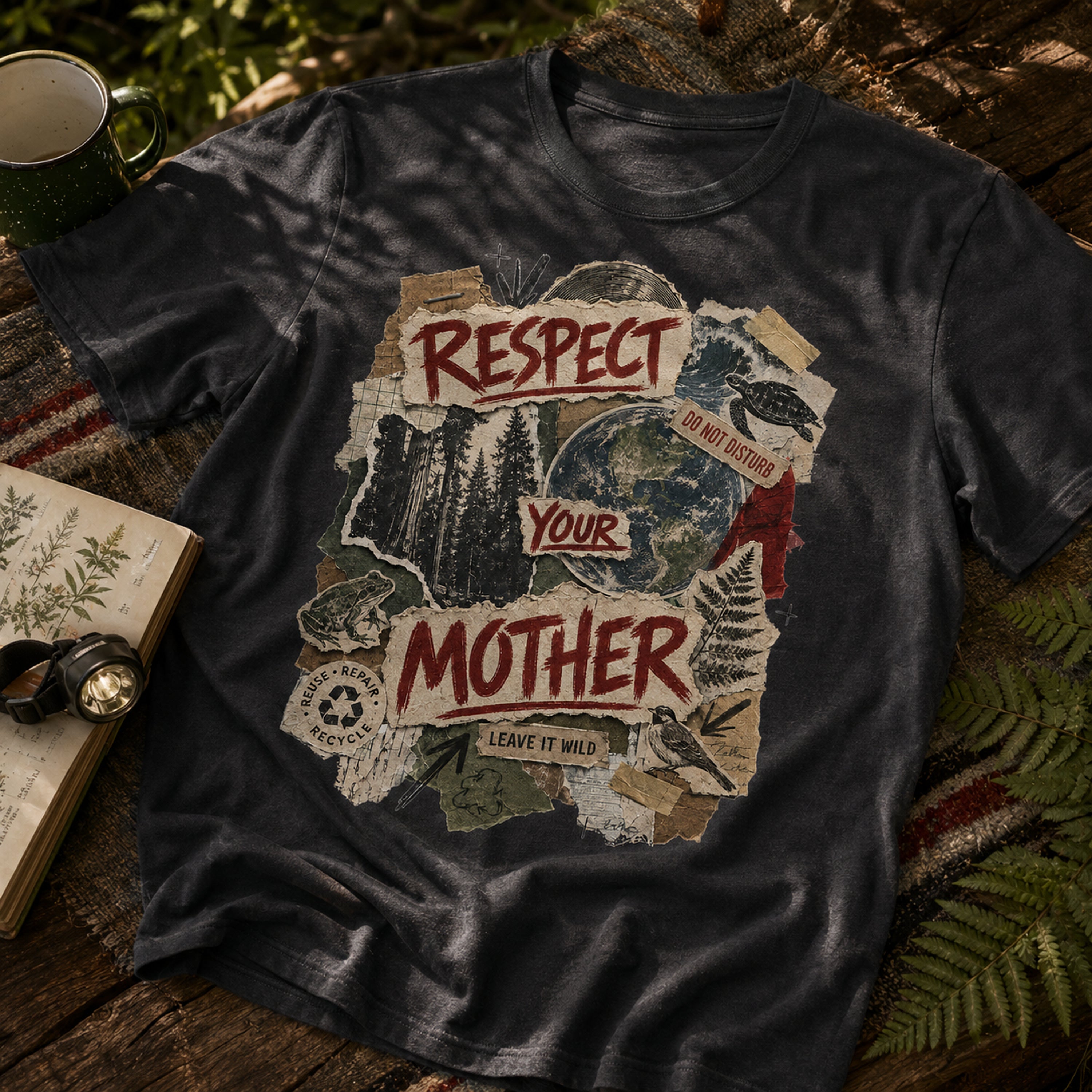 Charcoal Respect Your Mother tee styled at a campsite