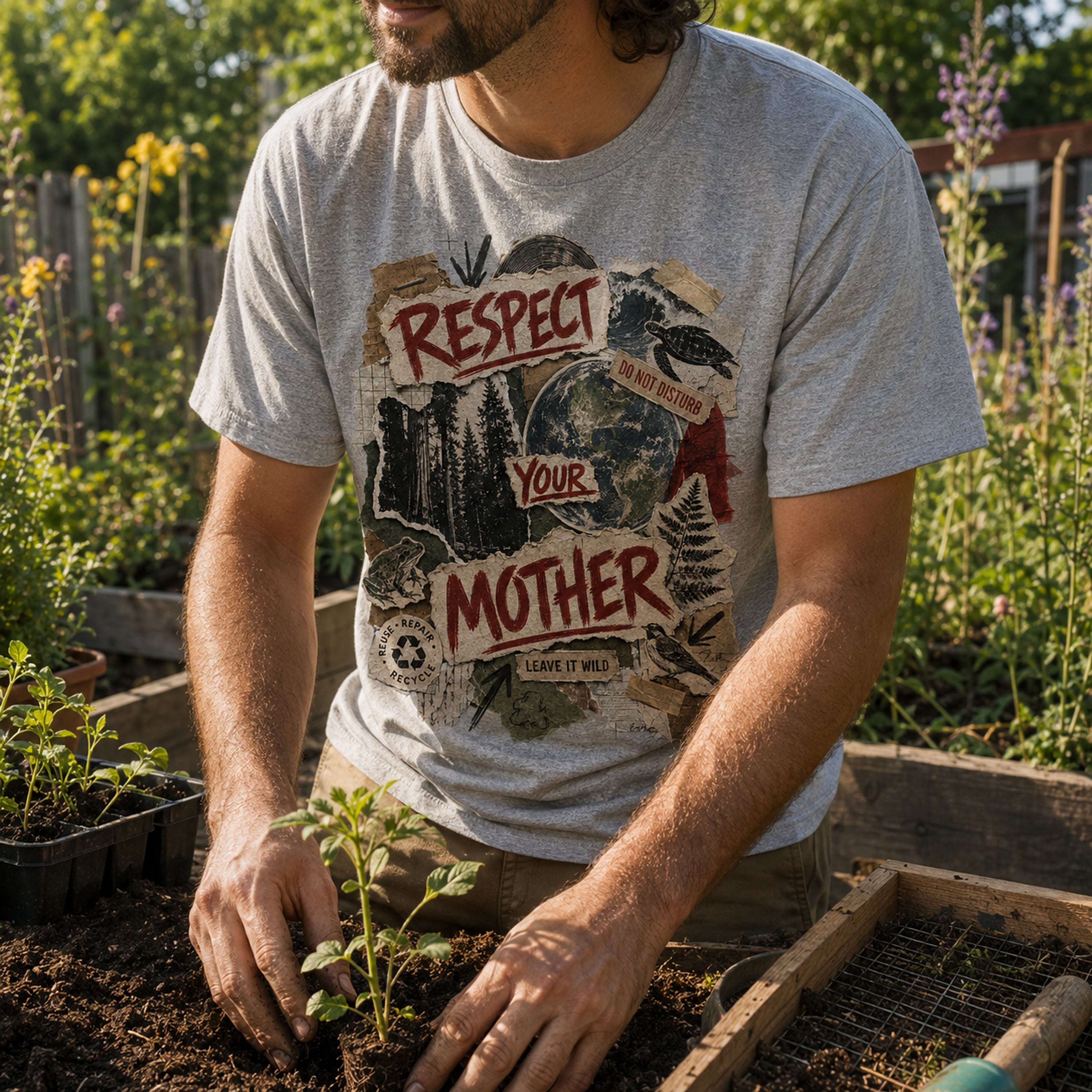 Sport Grey Respect Your Mother unisex tee in a community garden