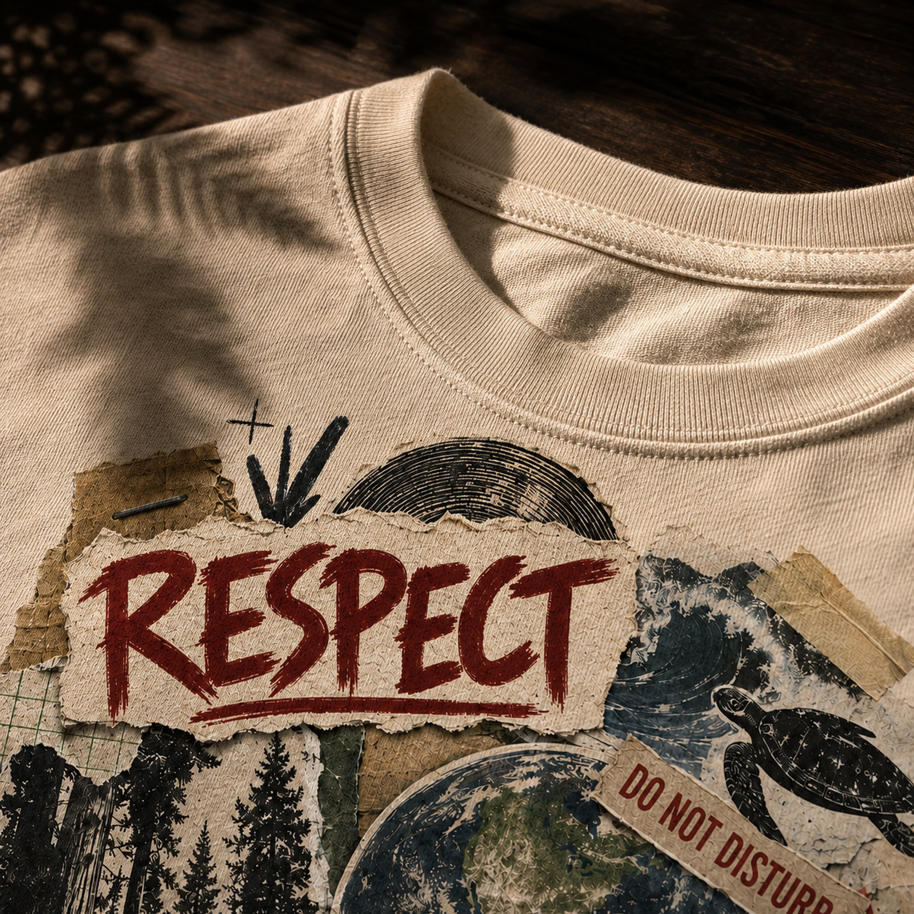 Gildan Softstyle collar stitching fibers and Respect Your Mother print detail