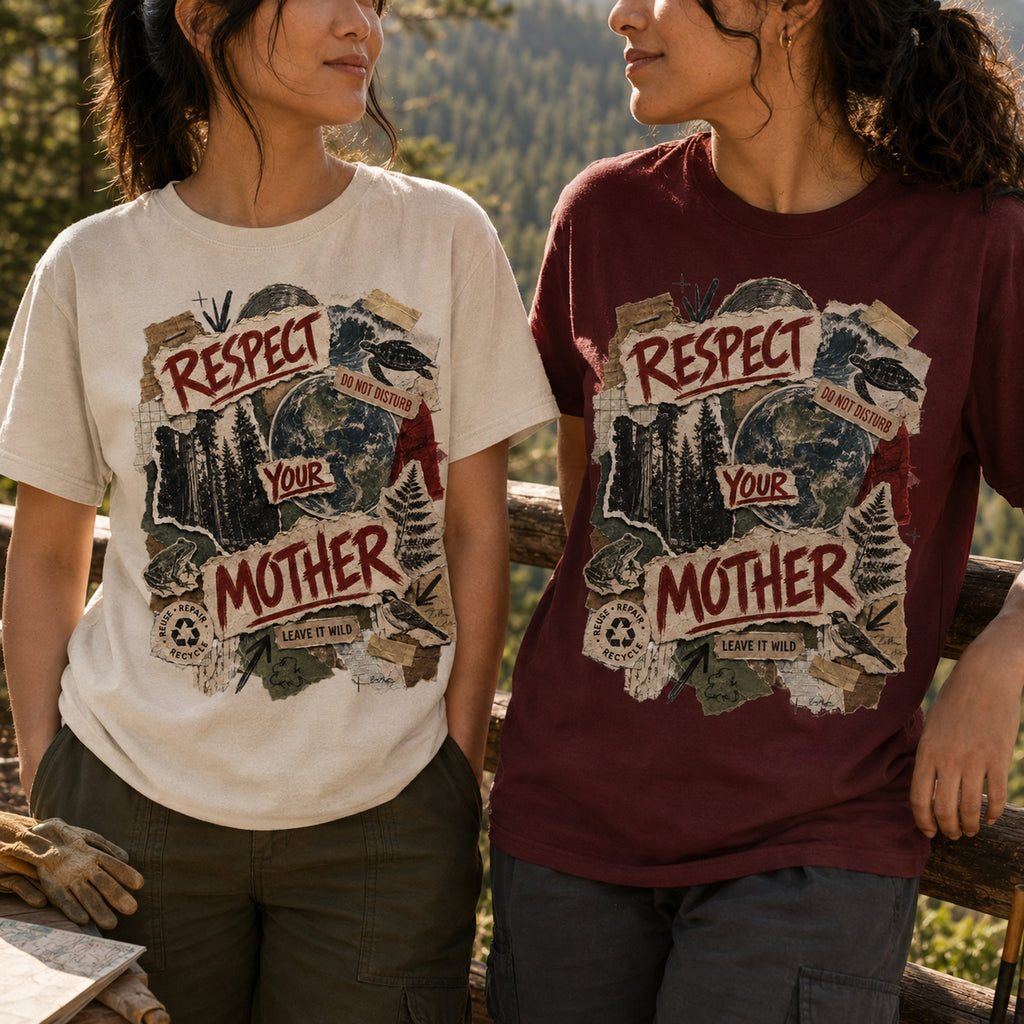 Friends in Natural and Maroon Respect Your Mother tees doing trail stewardship