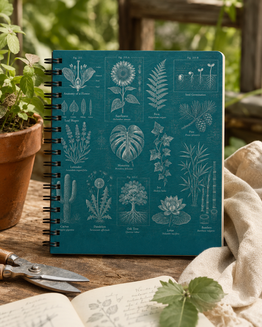 Botanical Field Notes spiral journal with teal vintage plant field-guide cover