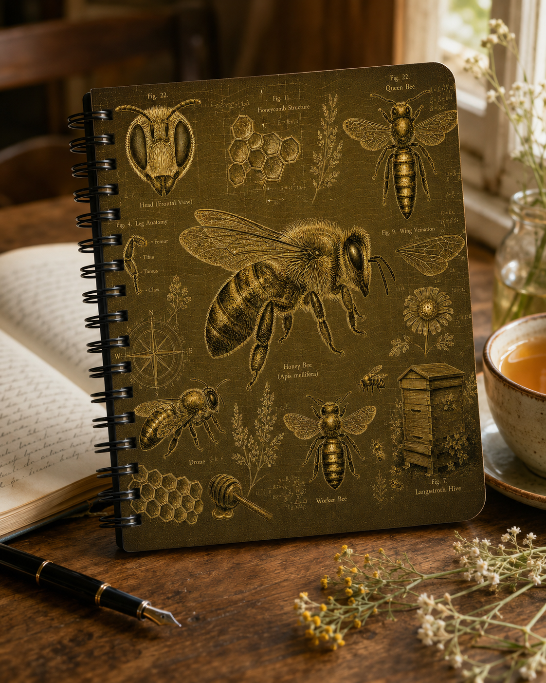 Honey Bee Field Notes spiral journal with vintage bee field-guide cover