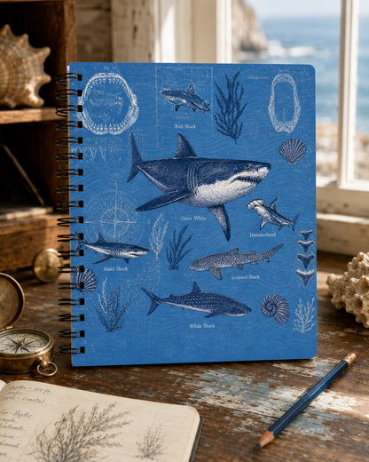 Shark Field Notes spiral journal with blue vintage shark field-guide cover