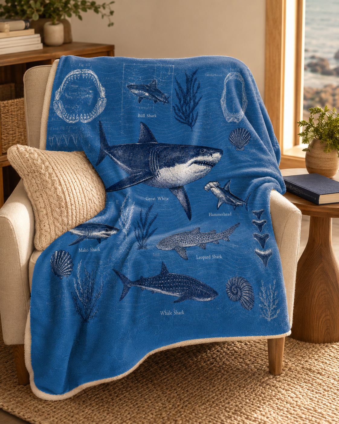 Sharks of the Deep plush throw blanket in a sunlit reading nook