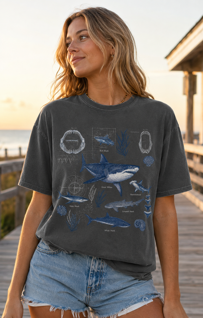 Field Guide Club shark tee in Pepper at a coastal boardwalk