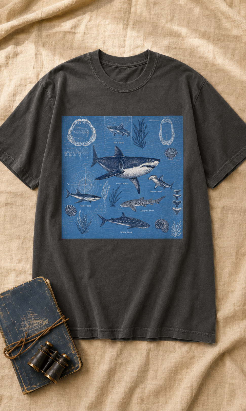 Field Guide Club shark tee flat lay in Pepper