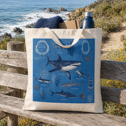 Shark Field Guide canvas tote styled at a coastal trail