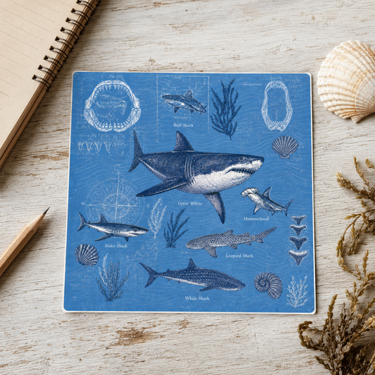Shark Field Guide vinyl sticker on a weathered wood desk