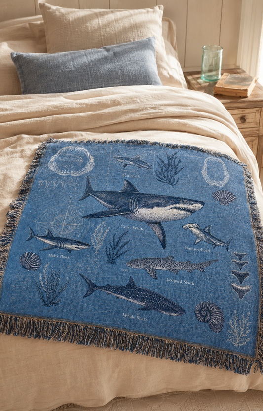 Sharks of the Deep woven throw blanket styled on a coastal bed