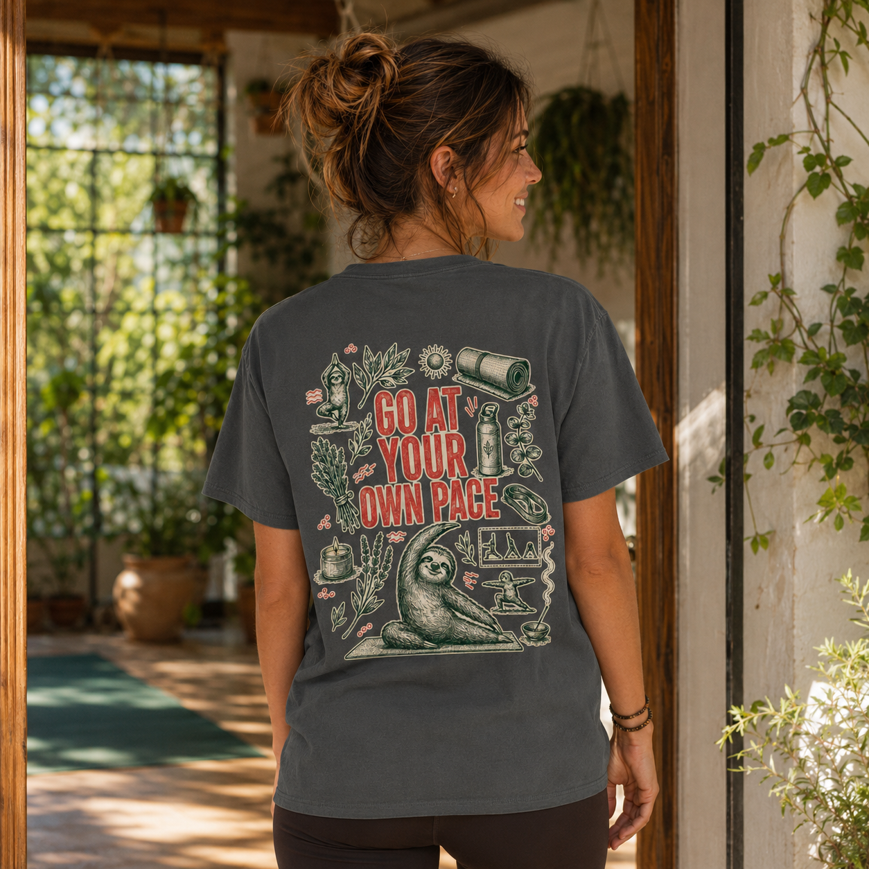 Model wearing the Go at Your Own Pace yoga sloth tee from behind in a bright studio