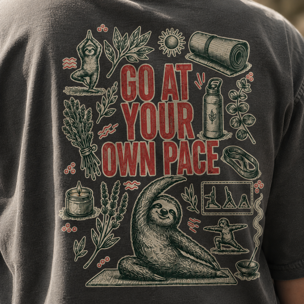 Close-up of the Go at Your Own Pace sloth back print on garment-dyed cotton