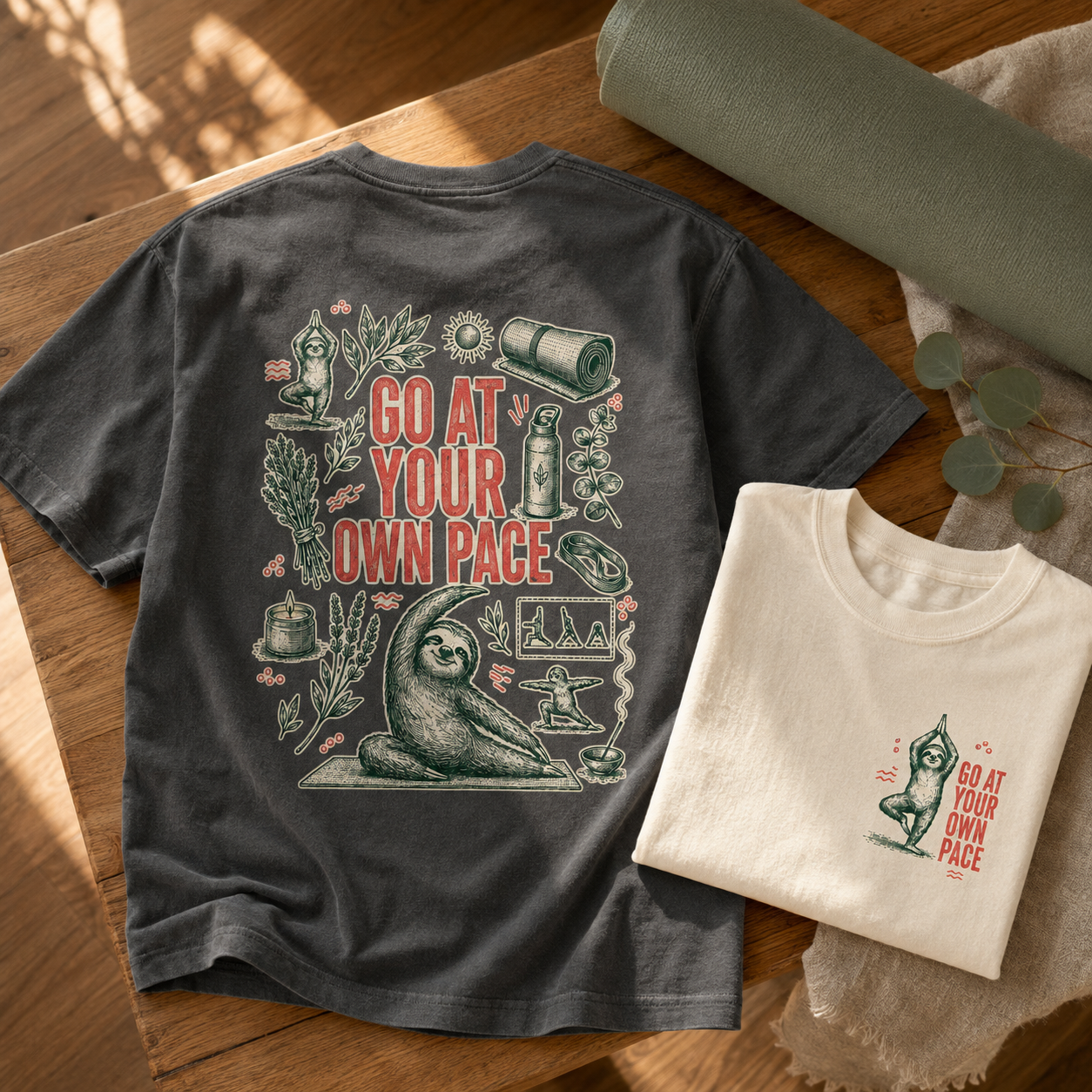 Pepper and Ivory yoga sloth tees showing the oversized back print and small left-chest front print