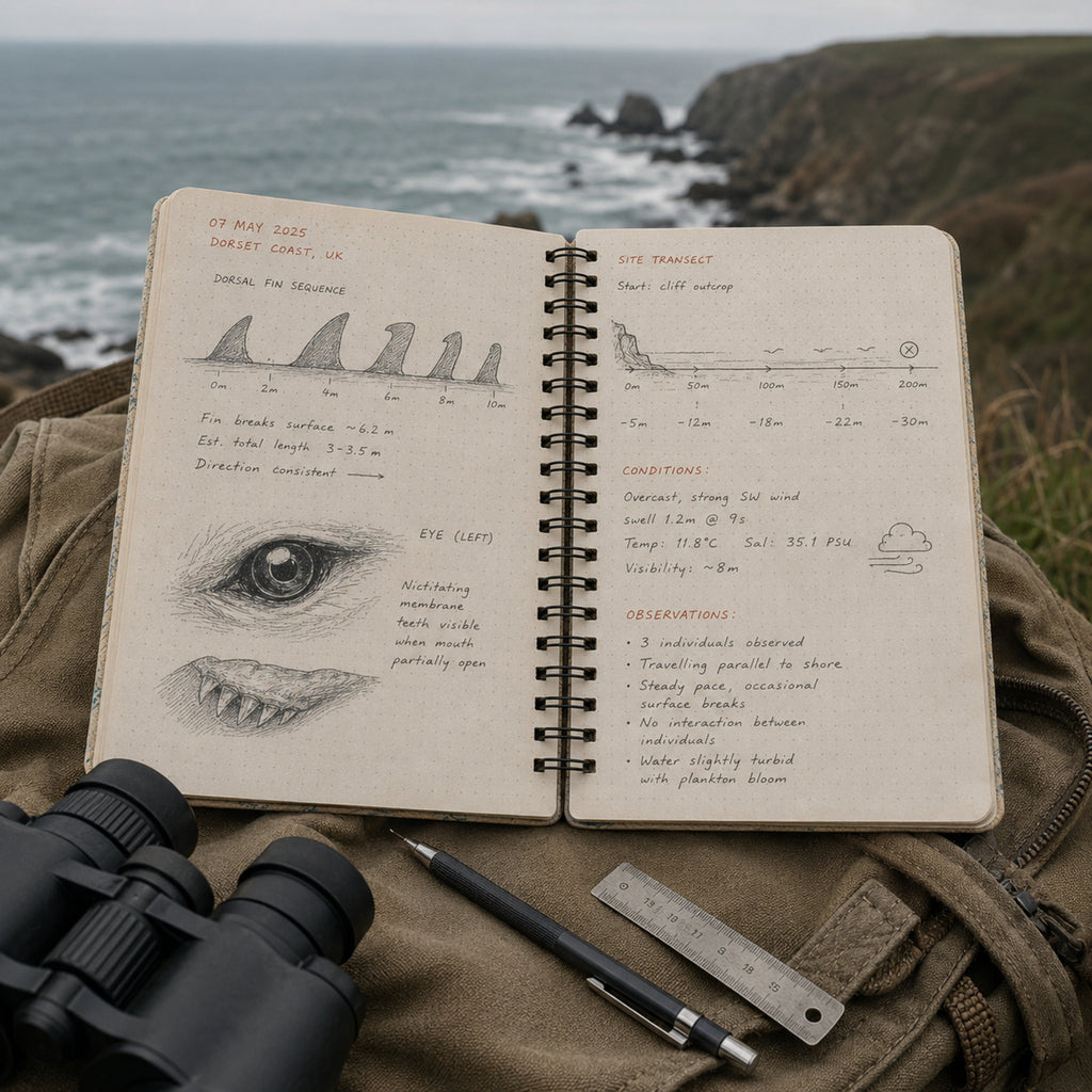 Marine biology field notes in a dotted notebook at a coastal overlook
