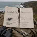 Marine biology field notes in a dotted notebook at a coastal overlook