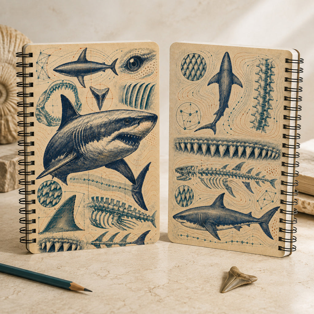 Front and back views of the Great White Shark Anatomy Archive dotted notebook