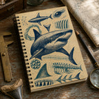 Great White Shark Anatomy Archive dotted notebook on a marine biology research desk