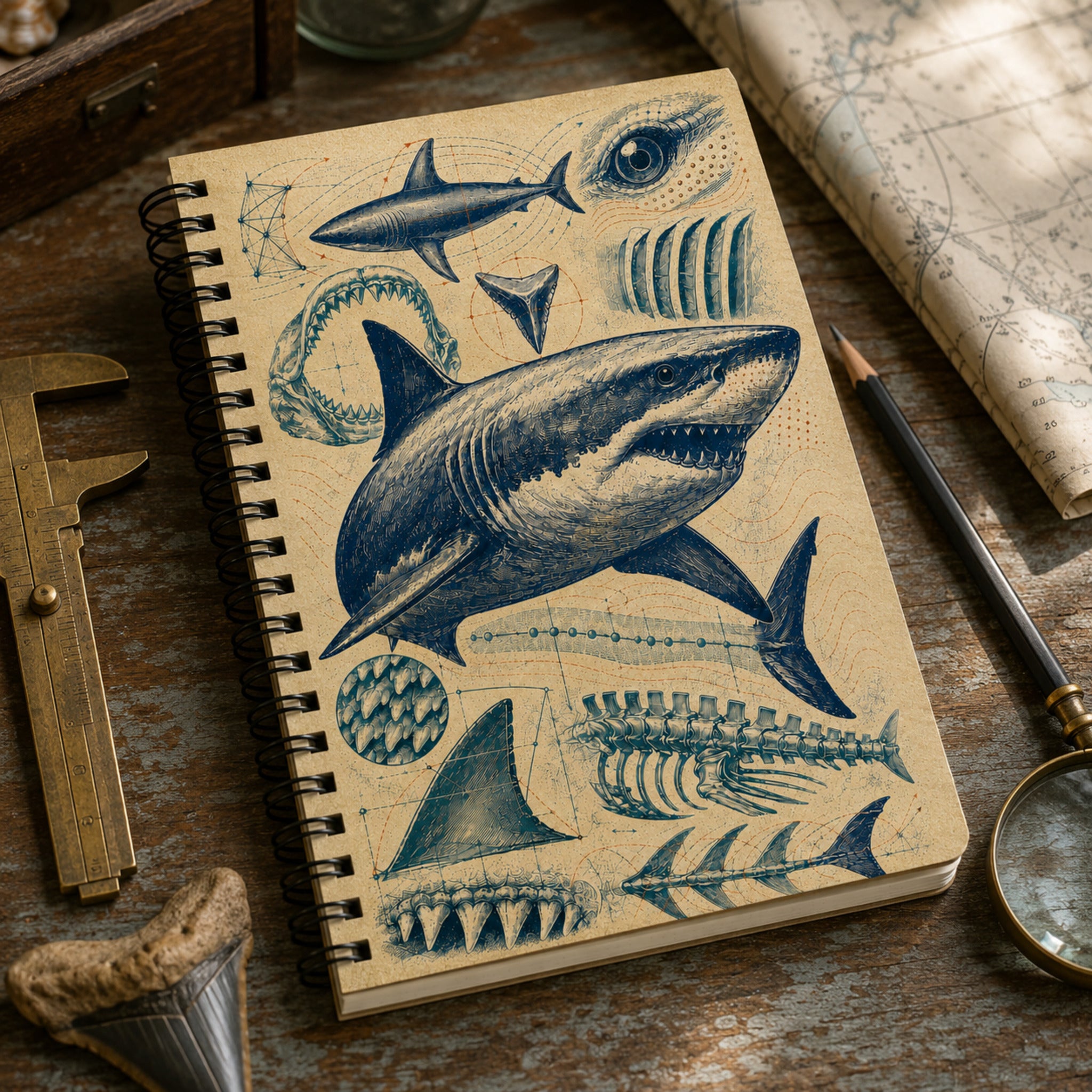 Great White Shark Anatomy Archive dotted notebook on a marine biology research desk