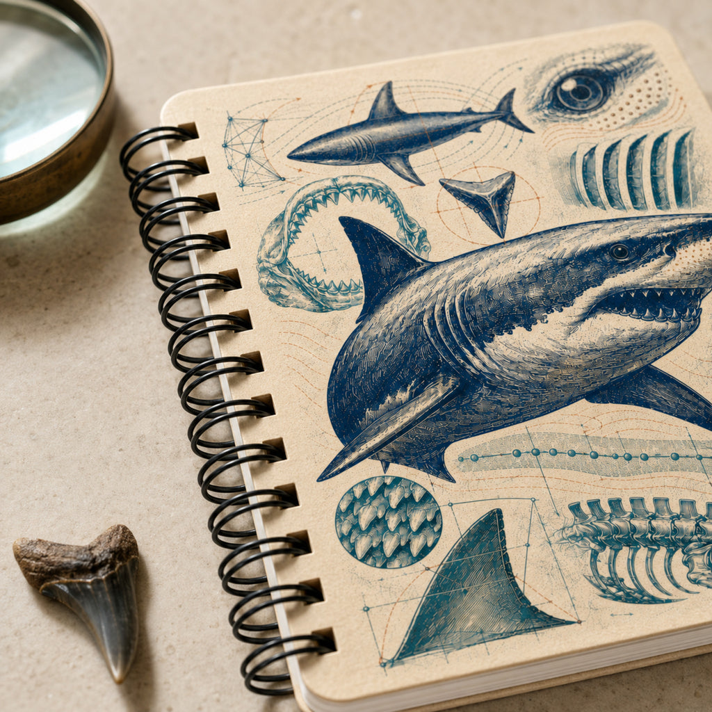 Close-up of shark anatomy cover print and black Wire-O notebook binding