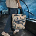 Great White Shark Anatomy Archive tote carried beside a public aquarium display