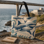 Great White Shark Anatomy Archive tote beside field notes and marine research gear on the coast