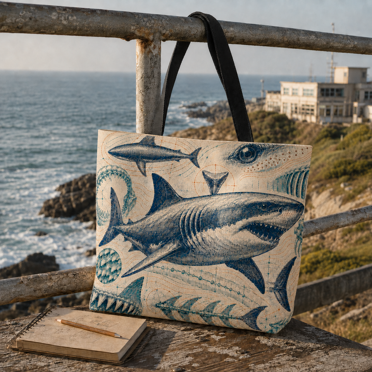 Great White Shark Anatomy Archive tote beside field notes and marine research gear on the coast