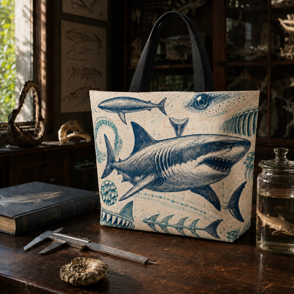 Great White Shark Anatomy Archive tote with black handles attached inside in a natural history museum study