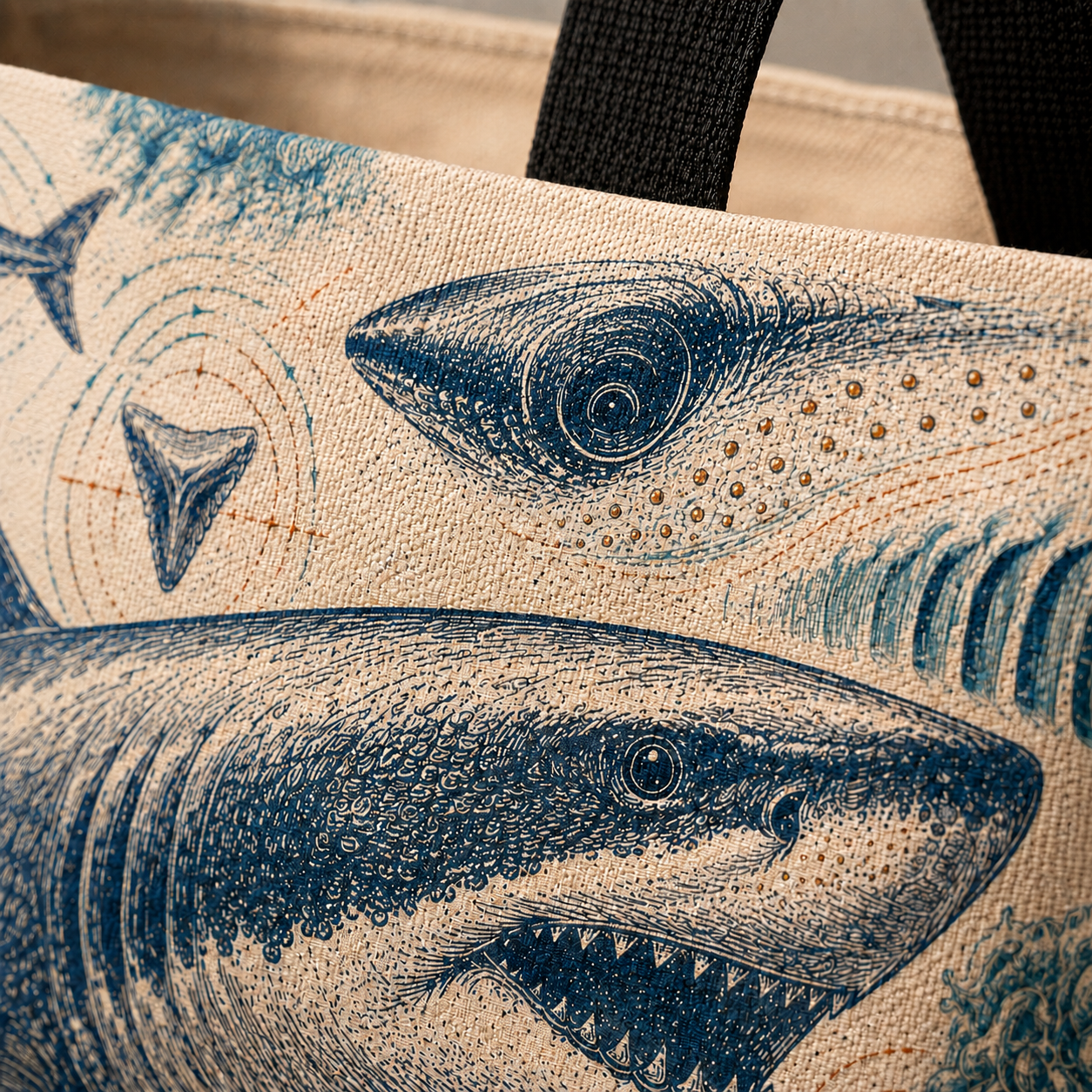 Close-up of Great White Shark Anatomy Archive tote print and clean inside handle attachment