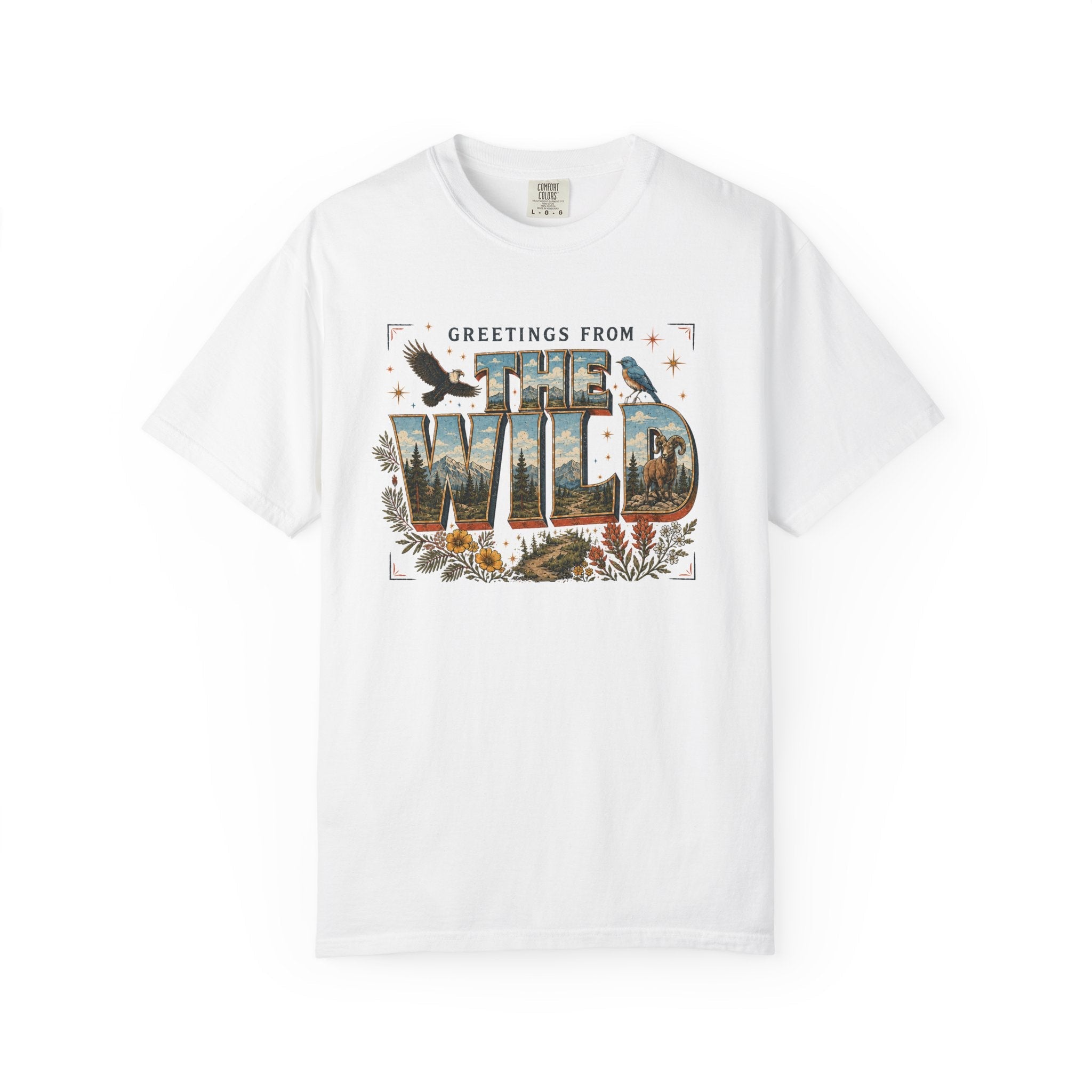 White Greetings From the Wild Comfort Colors tee front mockup