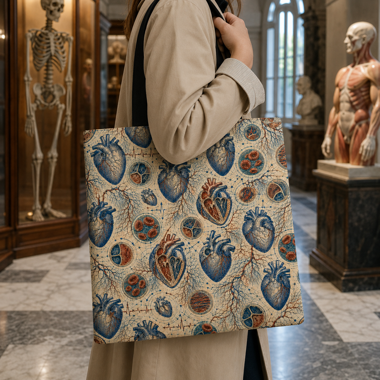Human heart anatomy archive tote carried through a museum gallery